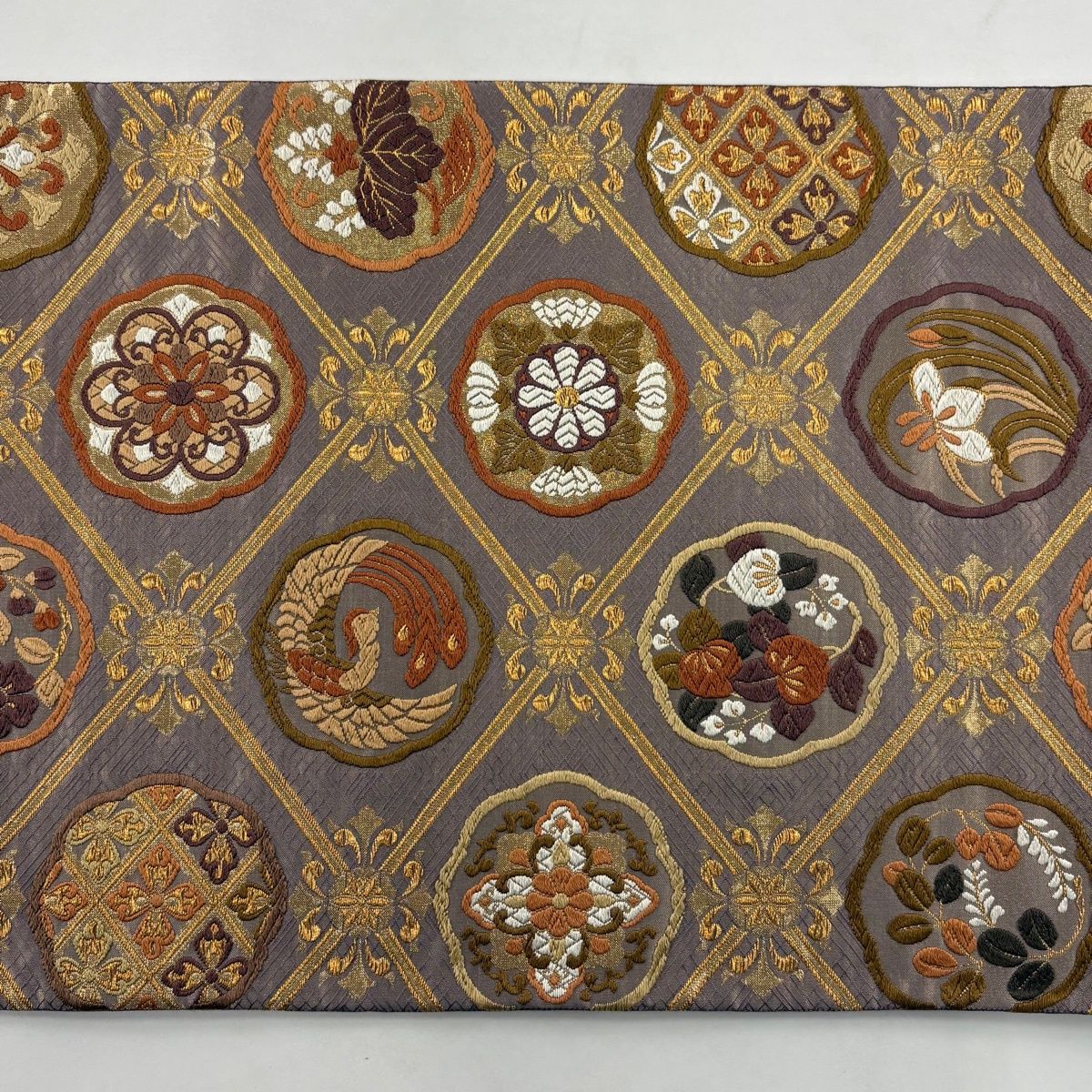 美品】 袋帯 秀品 華文 花鳥 唐織 金糸 灰紫 六通 正絹 【中古