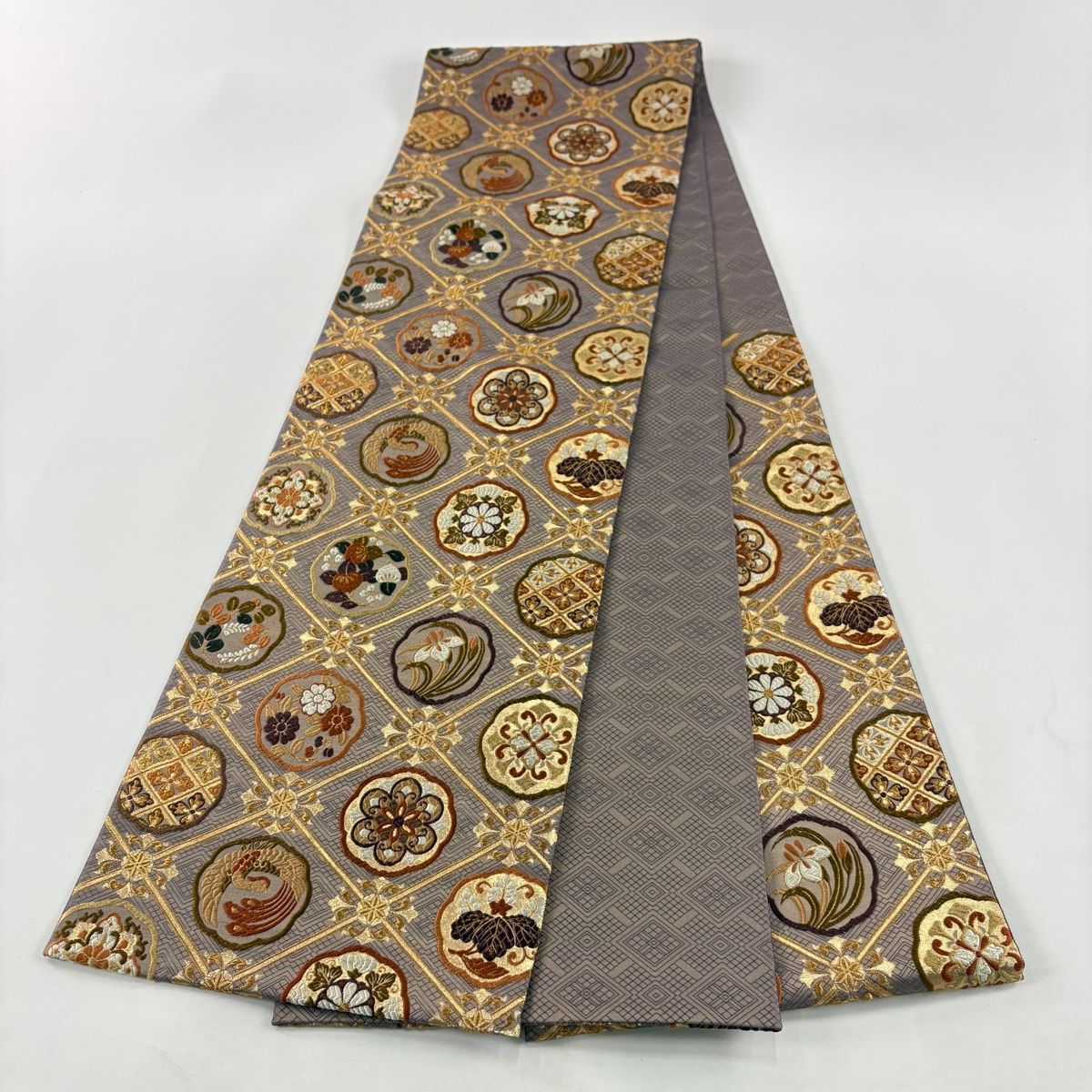 美品】 袋帯 秀品 華文 花鳥 唐織 金糸 灰紫 六通 正絹 【中古