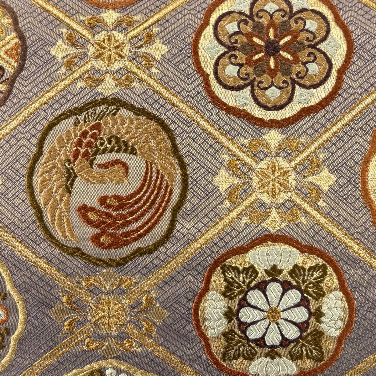 美品】 袋帯 秀品 華文 花鳥 唐織 金糸 灰紫 六通 正絹 【中古