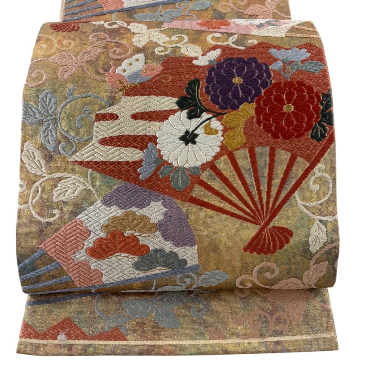 袋帯 秀品 関西仕立て 扇 菊 金糸 唐織 金色 六通 正絹 【中古