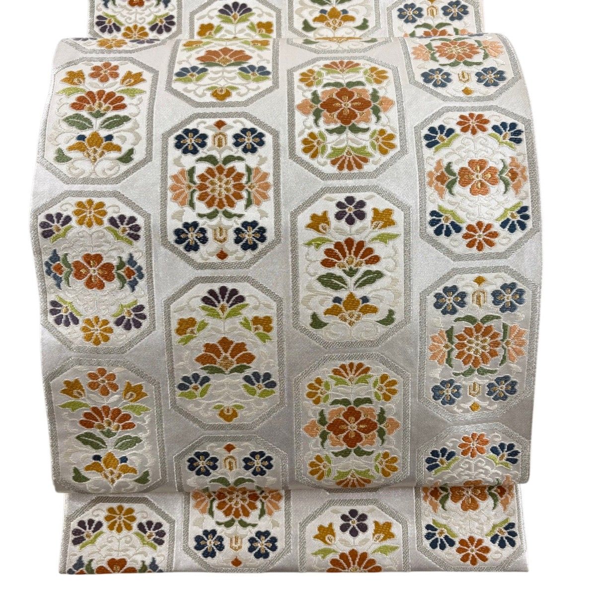 袋帯 名品 河村織物 落款 鈴乃屋 更紗小花文 幾何学模様 金銀糸 箔