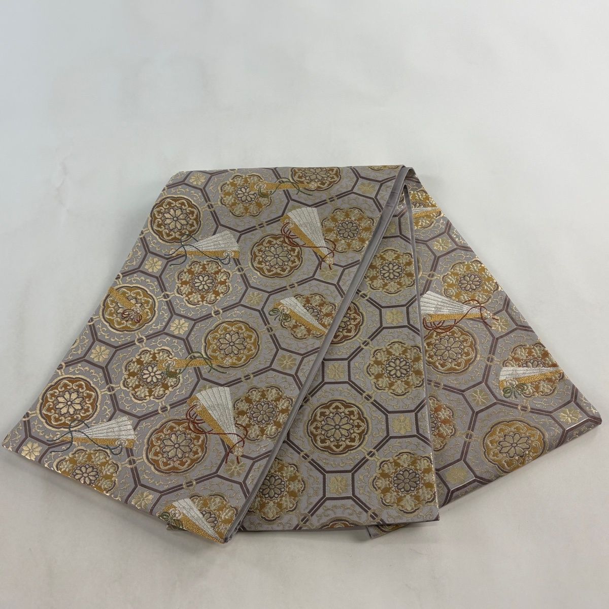 袋帯 秀品 蜀江華文 檜扇 金銀糸 箔 灰紫 お太鼓柄 正絹 【中古