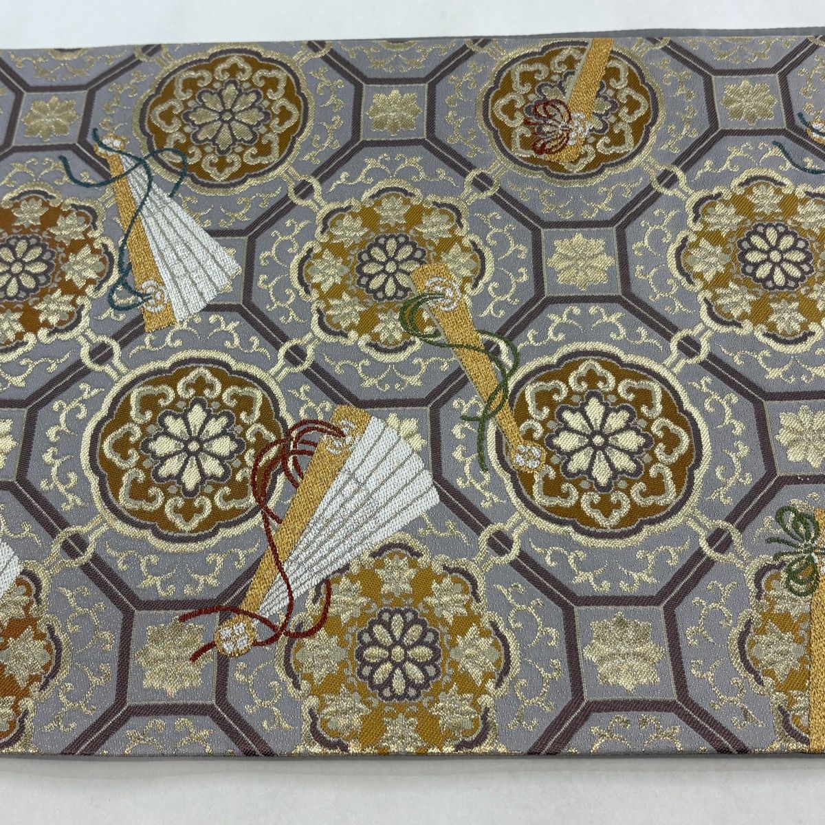 袋帯 秀品 蜀江華文 檜扇 金銀糸 箔 灰紫 お太鼓柄 正絹 【中古