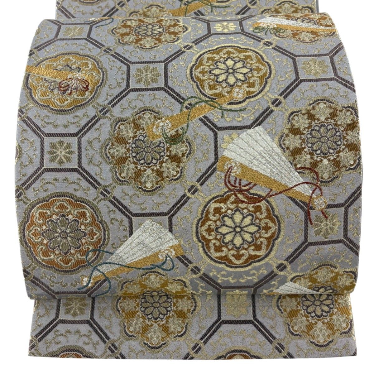 袋帯 秀品 蜀江華文 檜扇 金銀糸 箔 灰紫 お太鼓柄 正絹 【中古