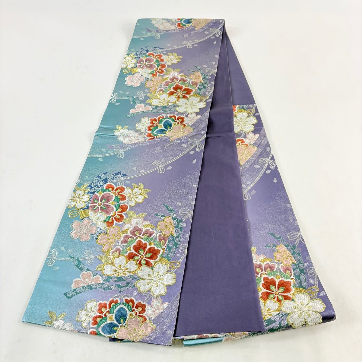 袋帯 秀品 振袖向き 桜 束ね熨斗 金銀糸 唐織 紫 六通 正絹 【中古
