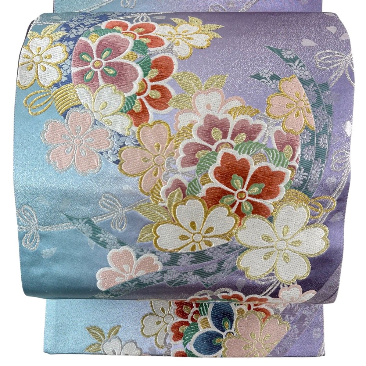 袋帯 秀品 振袖向き 桜 束ね熨斗 金銀糸 唐織 紫 六通 正絹 【中古