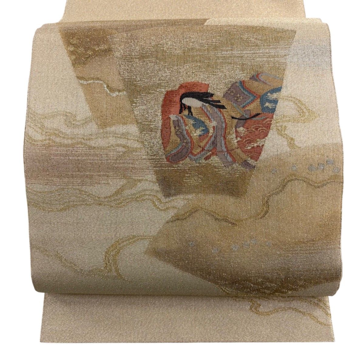 美品】 袋帯 秀品 扇面 姫 金銀糸 箔 薄オレンジ お太鼓柄 正絹 【中古