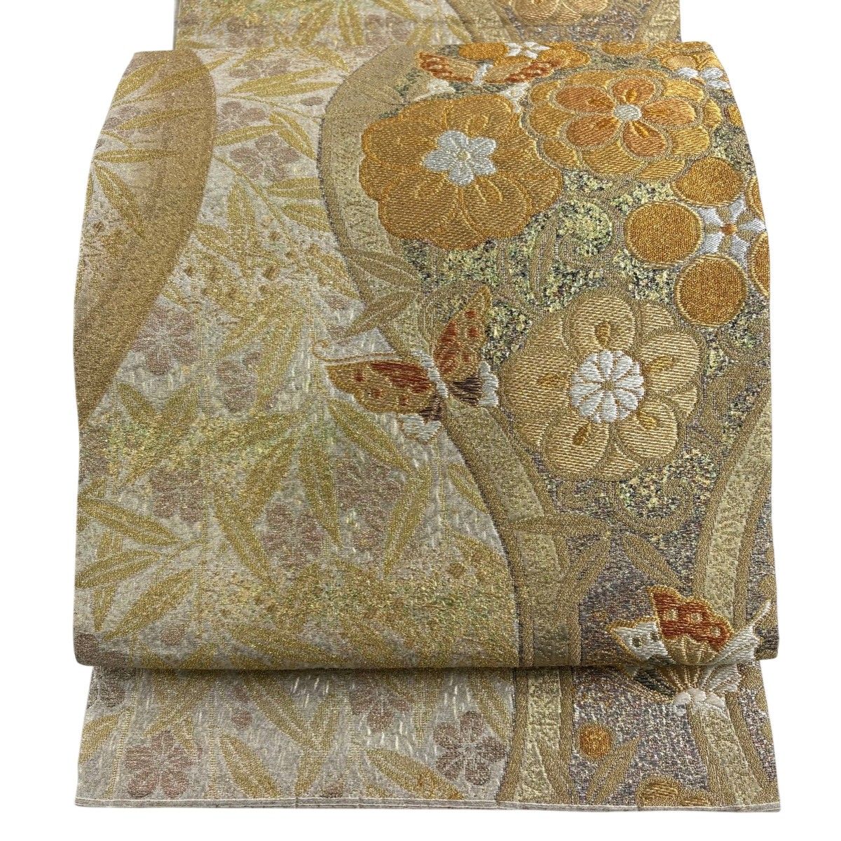 美品】 袋帯 秀品 振袖向き 関西仕立て 纐纈 蝶 梅 金銀糸 箔 金色 六