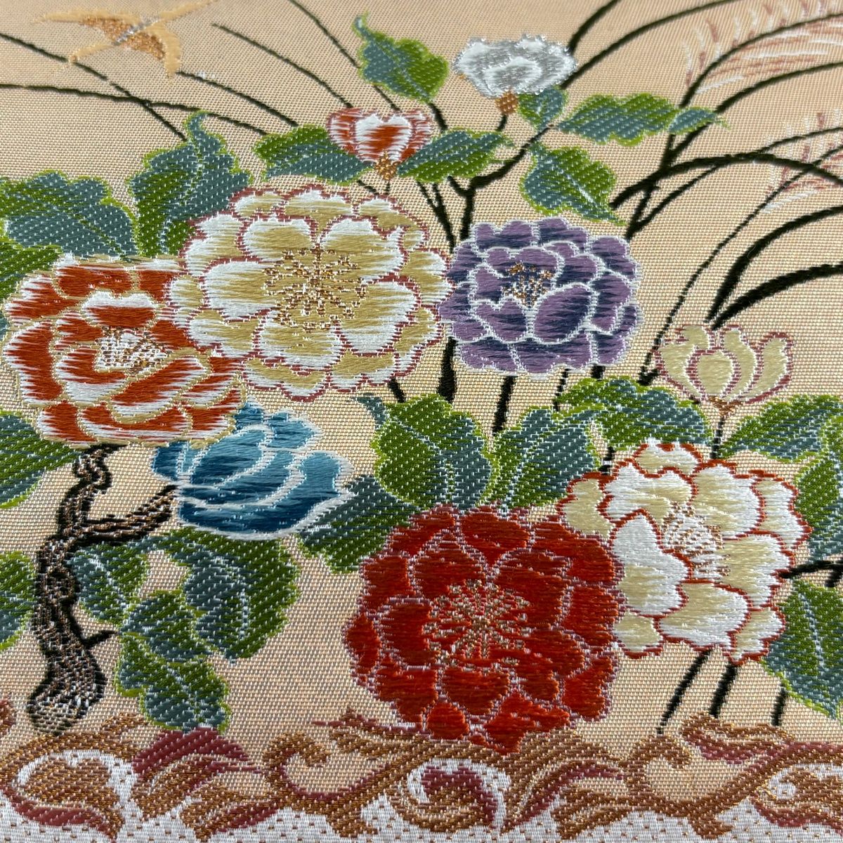 袋帯 秀品 関西仕立て 草花 鳥 刺繍 箔 クリーム 六通 正絹 【中古