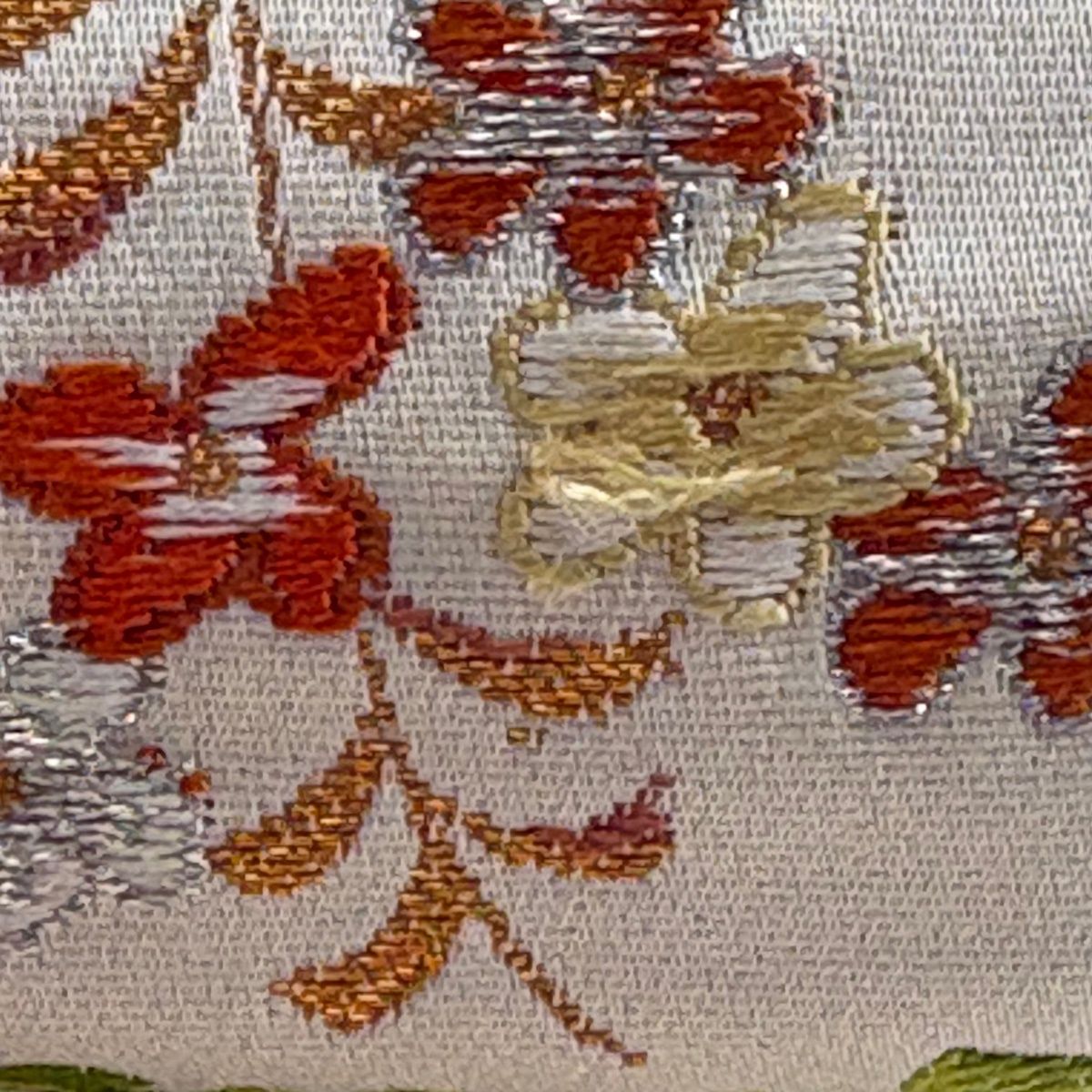 袋帯 秀品 関西仕立て 草花 鳥 刺繍 箔 クリーム 六通 正絹 【中古