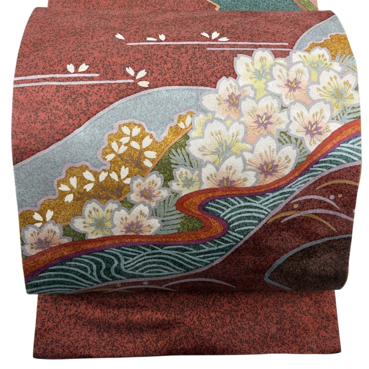 美品】 袋帯 秀品 落款 桜 波 銀通し 金彩 赤茶 お太鼓柄 正絹 【中古