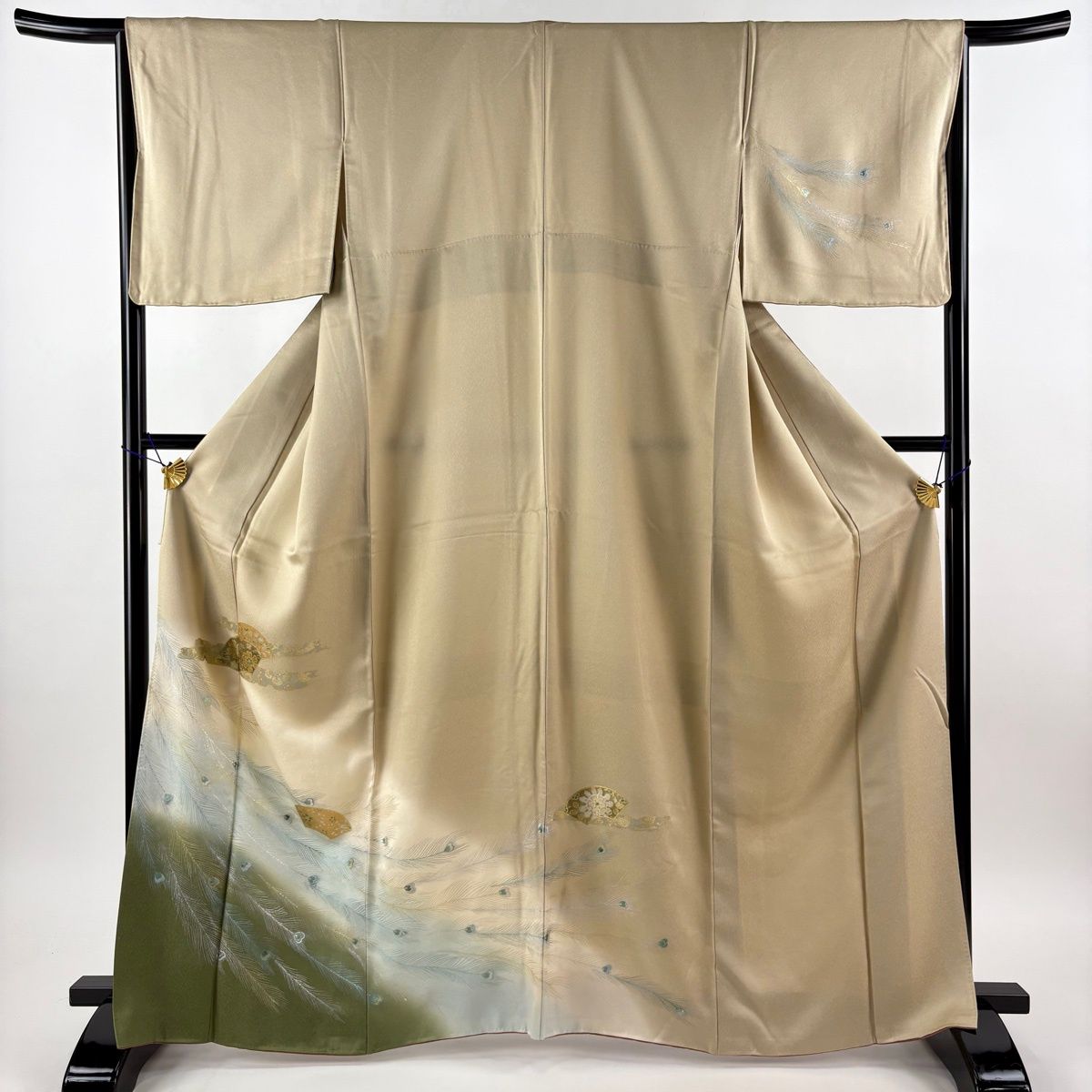 美品】 付下げ 身丈165cm 裄丈66cm M 袷 扇面 孔雀の羽 金銀彩 ぼかし