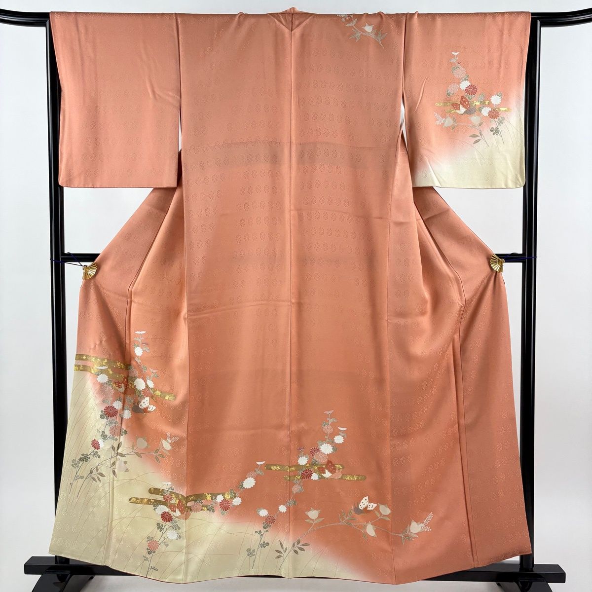訪問着 身丈159.5cm 裄丈66cm M 袷 蝶 菊 金彩 染め分け 薄オレンジ