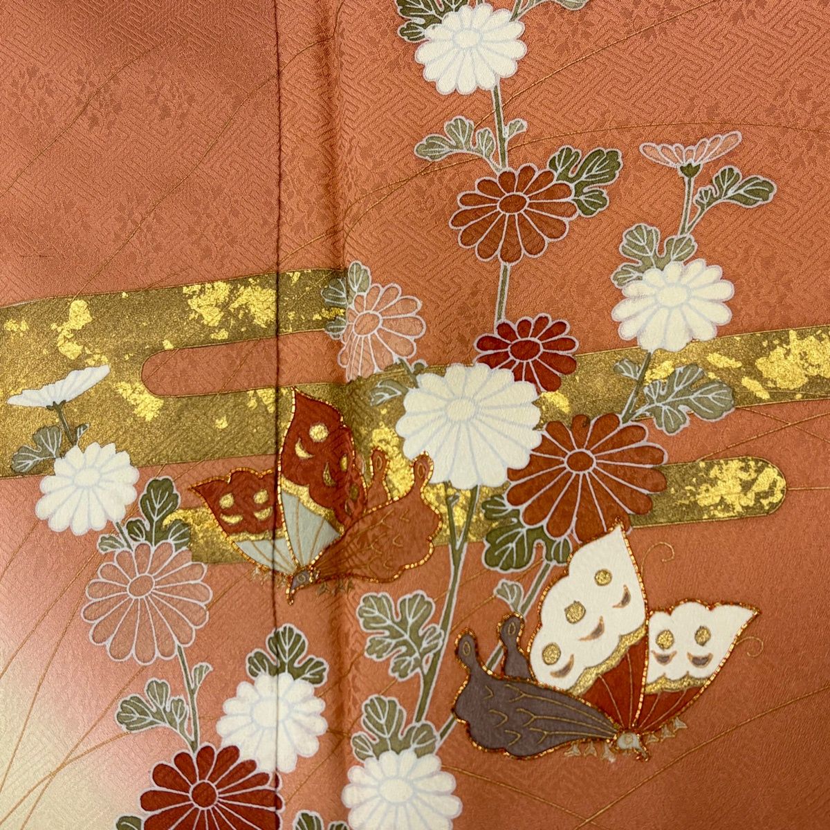 訪問着 身丈159.5cm 裄丈66cm M 袷 蝶 菊 金彩 染め分け 薄オレンジ