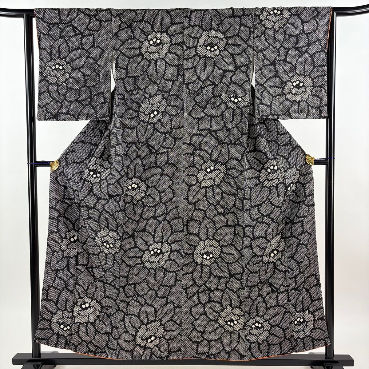 小紋 身丈156cm 裄丈63.5cm S 袷 草花 総絞り 黒 正絹 秀品 【中古