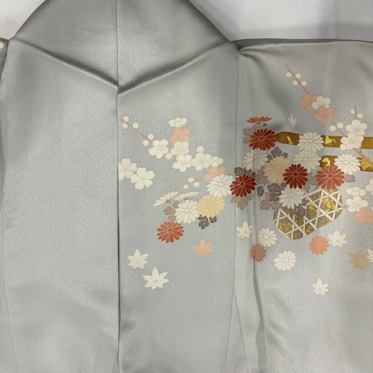 訪問着 身丈164cm 裄丈65cm M 袷 花籠 枝梅 金糸 金彩 灰色 正絹 秀品