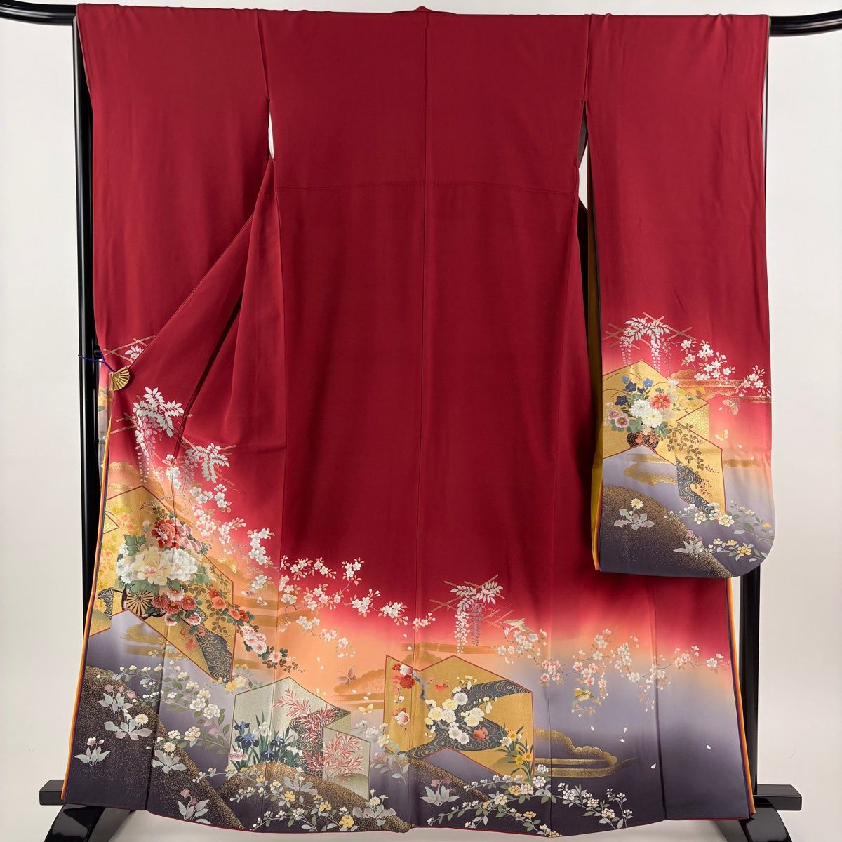 振袖 身丈162.5cm 裄丈66cm M 袷 花車 桜 金彩 ぼかし 赤 正絹 秀品