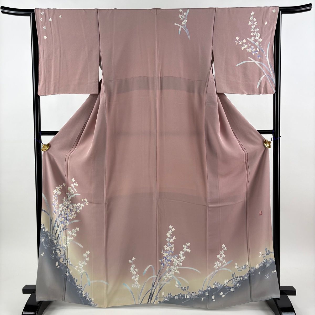 訪問着 身丈166cm 裄丈64.5cm M 袷 落款 草花 染め分け ぼかし 薄紫