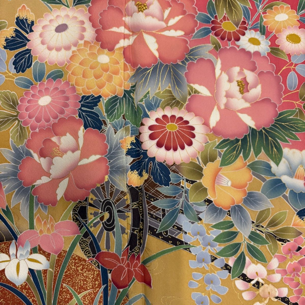 振袖 身丈162cm 裄丈64cm M 袷 花車 牡丹 金糸 金彩 ピンク 正絹 秀品