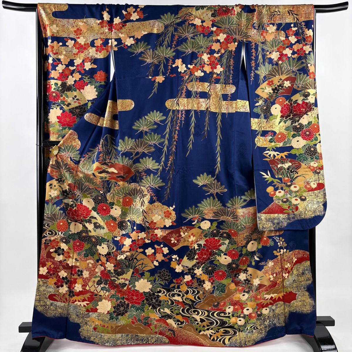 振袖 身丈166cm 裄丈67.5cm L 袷 扇面 菊 金糸 金彩 青紫 正絹 名品