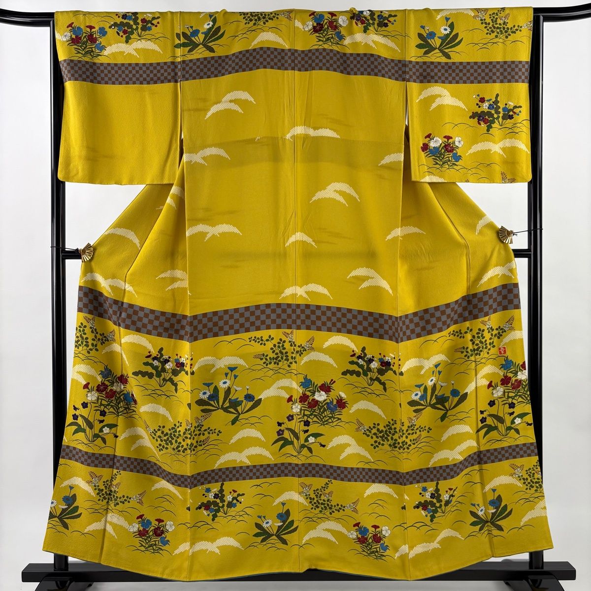 訪問着 身丈157cm 裄丈65.5cm M 袷 花井幸子 落款 草花 市松 刺繍 金糸