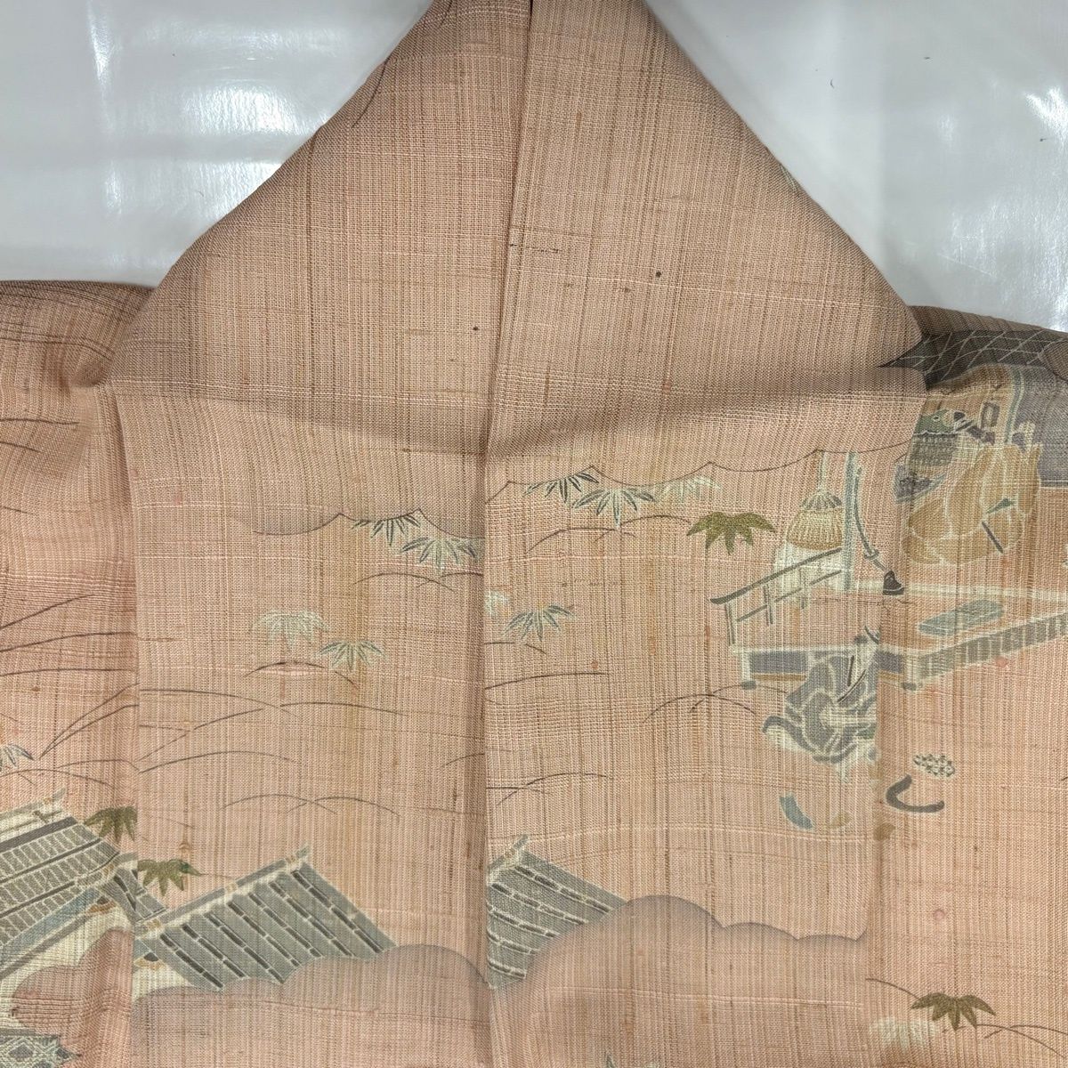 訪問着 身丈164cm 裄丈70cm L 袷 紬地 家屋 松竹梅 ベージュ