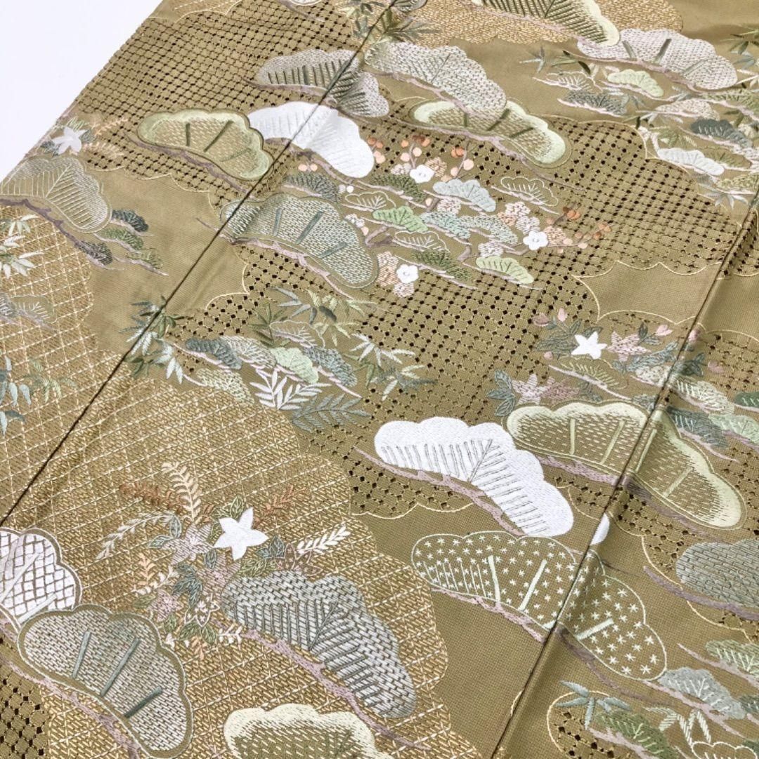 訪問着 総刺繍 松に梅 汕頭刺繍 黄鼠色 しつけ糸 トールサイズ K-5788 