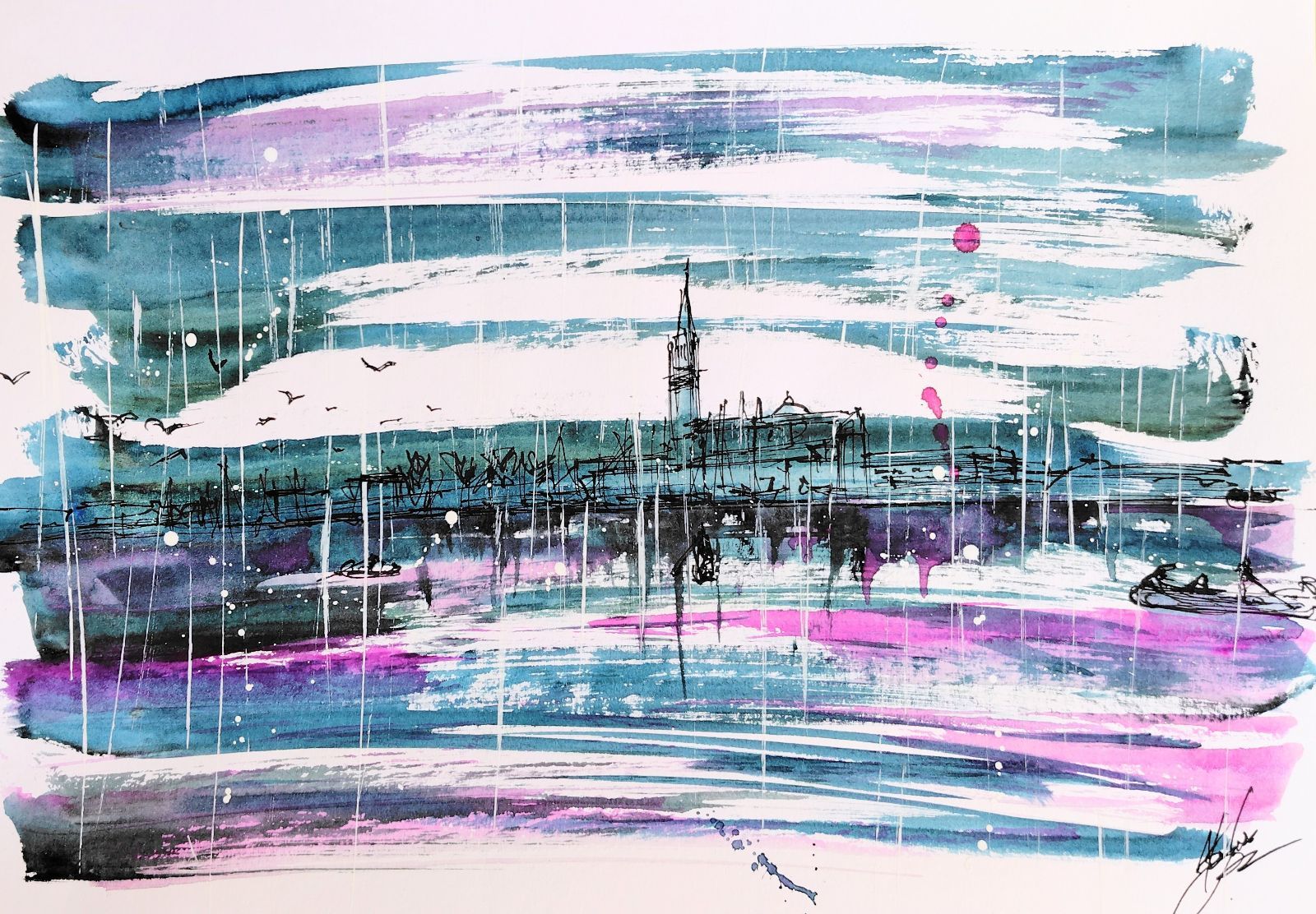 原画#390 雨 ベネチア イタリア 水彩画 ドローイング インテリア