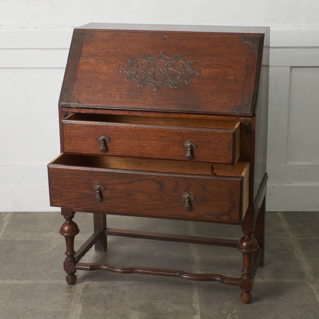 英国 アンティーク ライティング ビューロー 木彫刻 オーク 無垢材