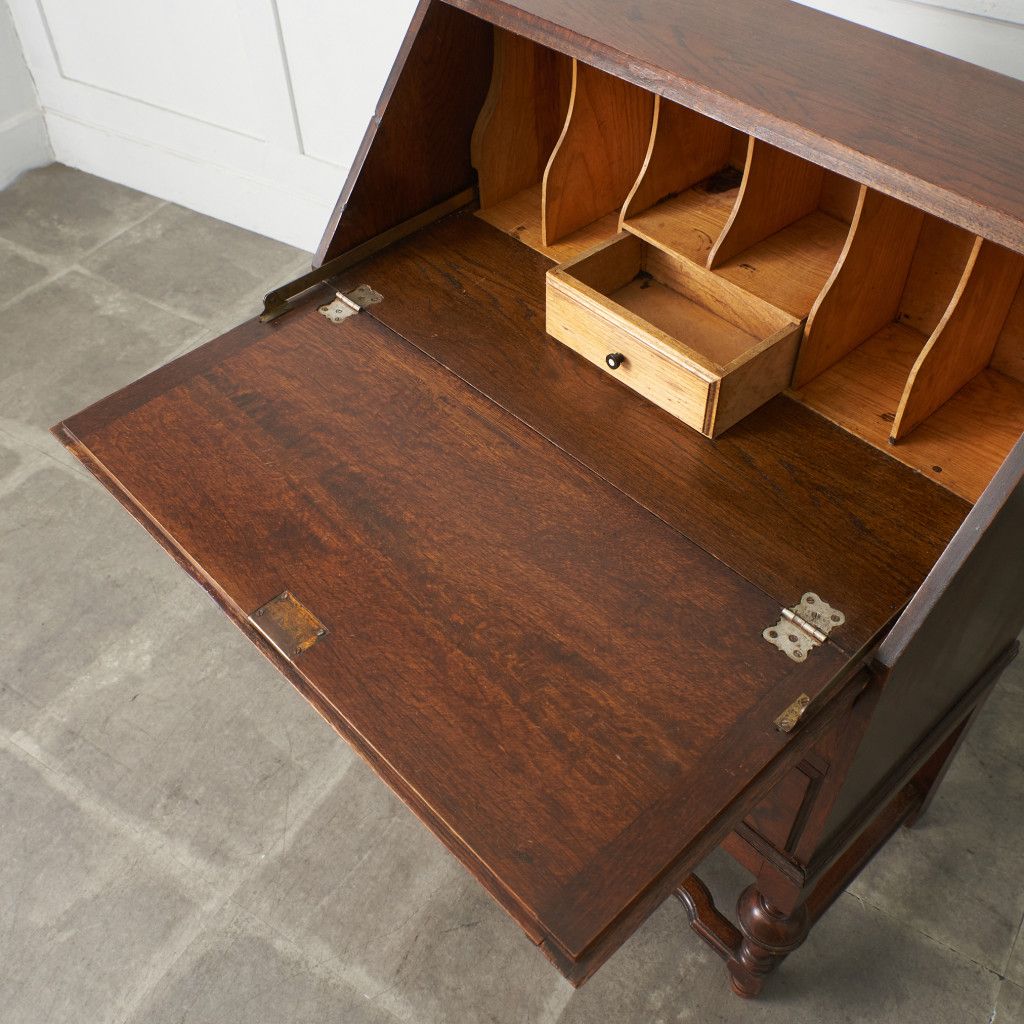 英国 アンティーク ライティング ビューロー 木彫刻 オーク 無垢材