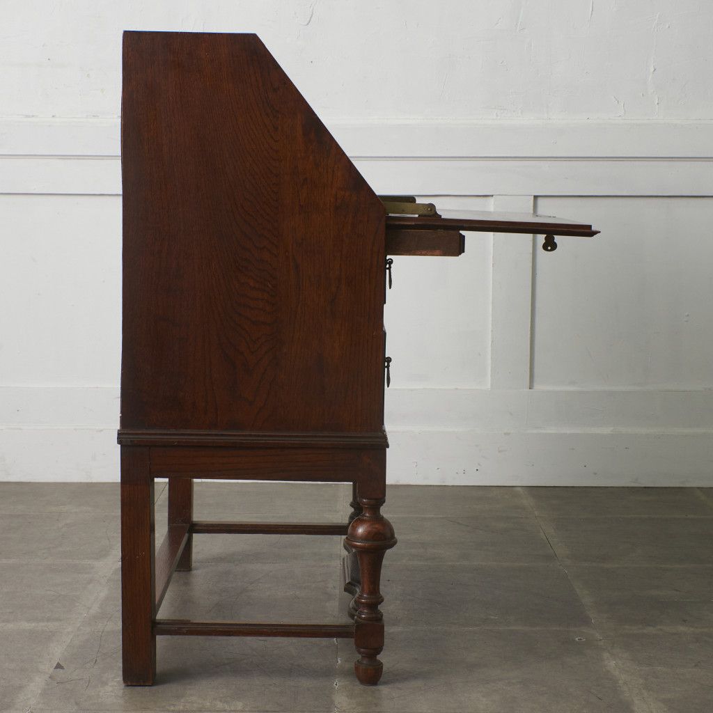 英国 アンティーク ライティング ビューロー 木彫刻 オーク 無垢材