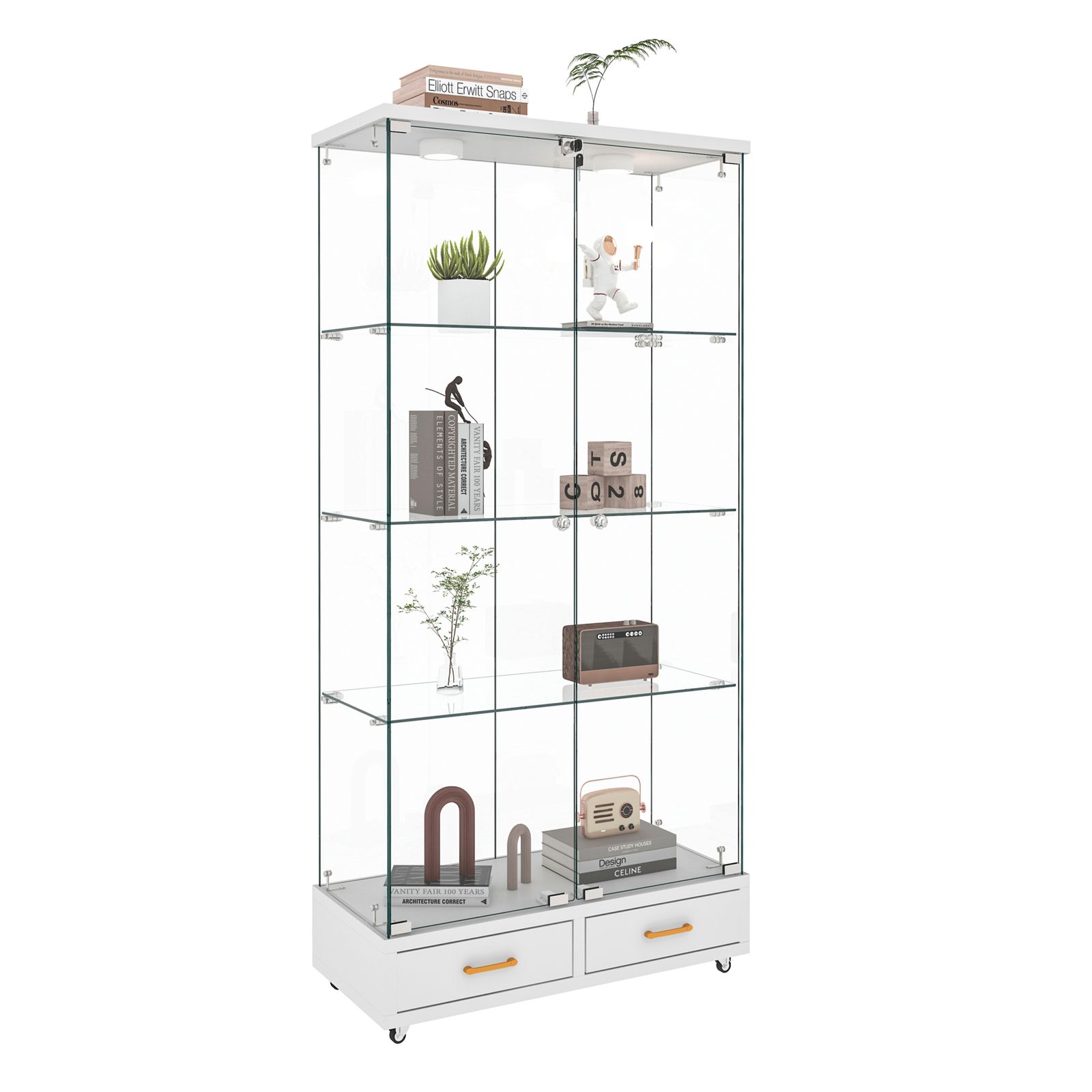 数量限定セール」 LED照明・引き出し付き ガラス収納キャビネット