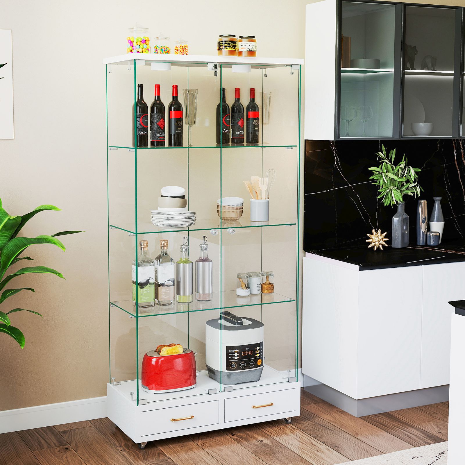 数量限定セール」 LED照明・引き出し付き ガラス収納キャビネット