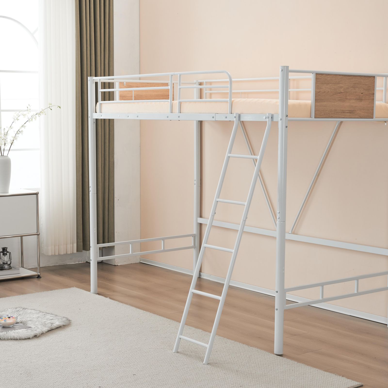 新品】ホワイト ロフトベッド パイプベッド シングル 木 収納 北欧風