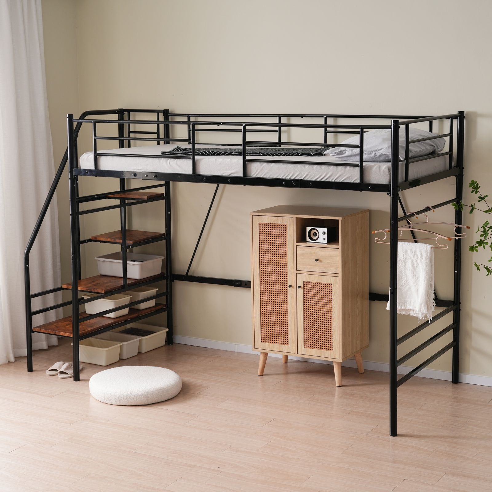 S ロフトベッド 階段付き S パイプベッド シングル 収納 スチール 耐震