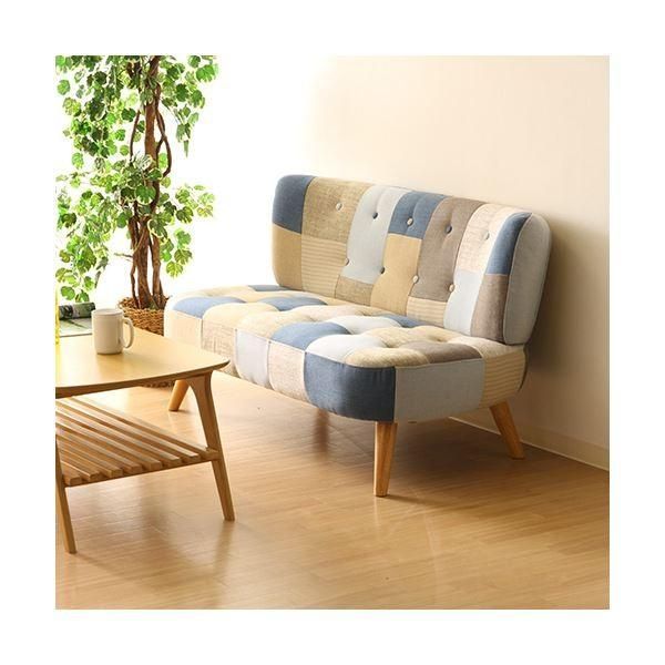 ソファー 幅123cm 2人掛け ブルー 木製 脚付き ファブリック生地 デイジーパッチワーク ローソファー リビング ダイニング