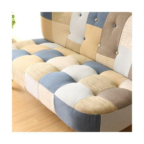  ソファー 幅123cm 2人掛け ブルー 木製 脚付き ファブリック生地 デイジーパッチワーク ローソファー リビング ダイニング 幅110cmソファ 2人掛け 3人掛けソファ ソファ ソファベッド