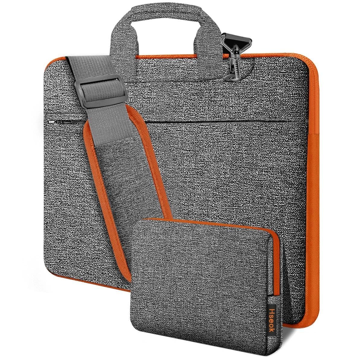 HSEOK 15.6-16" Laptop Shoulder Bag, Durable Shockproof Protective Computer Carrying Briefcase with Multiple Pockets and Straps, Fits Most 15.6 16" Laptops, Dark Grey and Orange