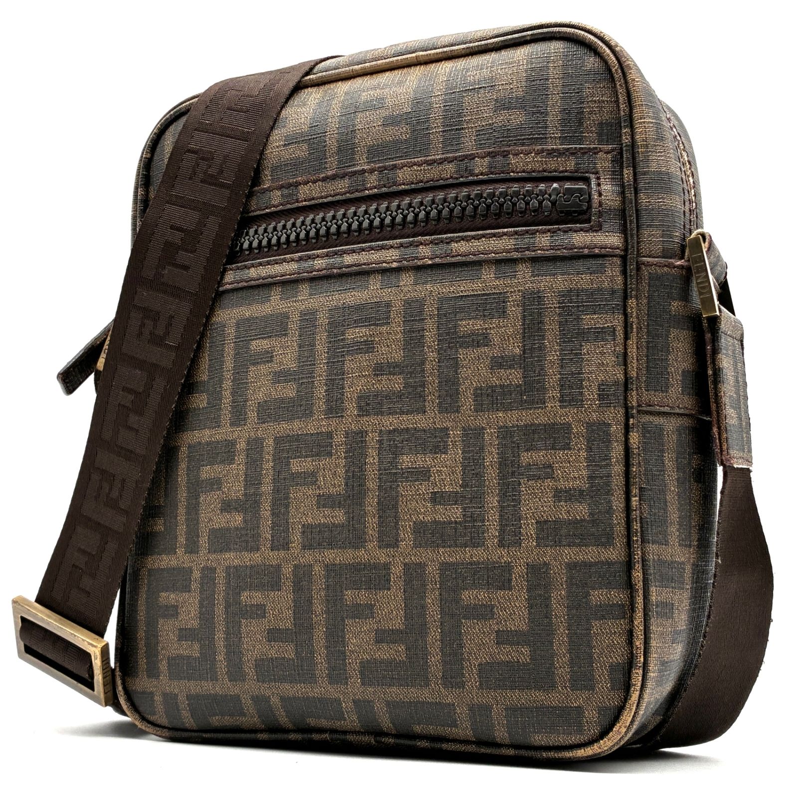 美品 FENDI フェンディ ショルダーバッグ ポシェット ズッカ スクエア FF柄 総柄 PVC コーティングキャンバス レディース メンズ ブラウン 茶 斜め掛け 美品 FENDI フェンディ ショルダーバッグ ポシェット ズッカ スクエア