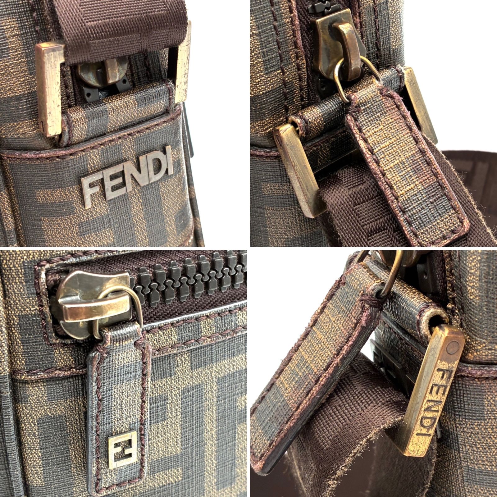 美品 FENDI フェンディ ショルダーバッグ ポシェット ズッカ スクエア FF柄 総柄 PVC コーティングキャンバス レディース メンズ ブラウン 茶 斜め掛け 美品 FENDI フェンディ ショルダーバッグ ポシェット ズッカ スクエア