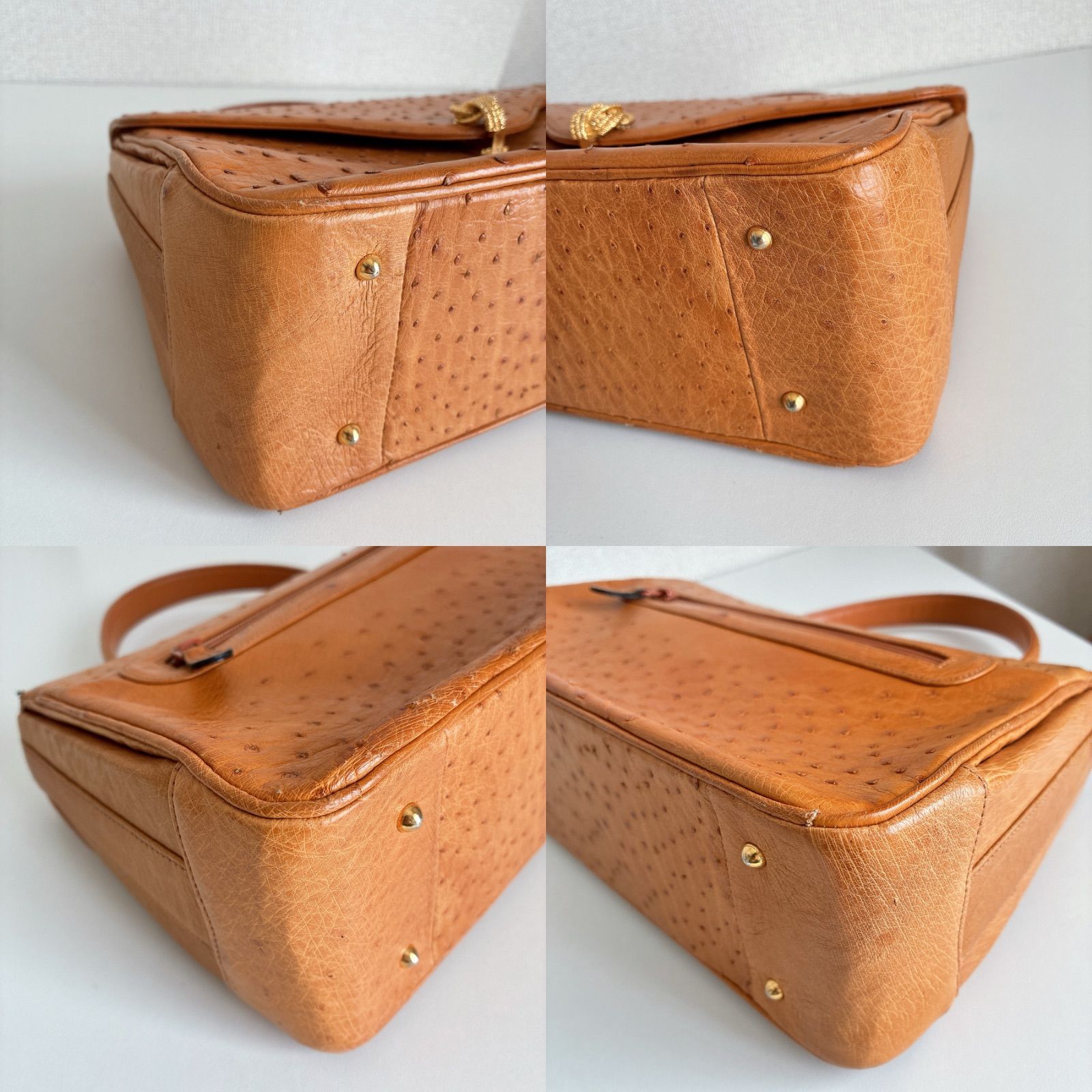 JRA認定】 オーストリッチ型押し キャメル 2way ハンドバッグ 312