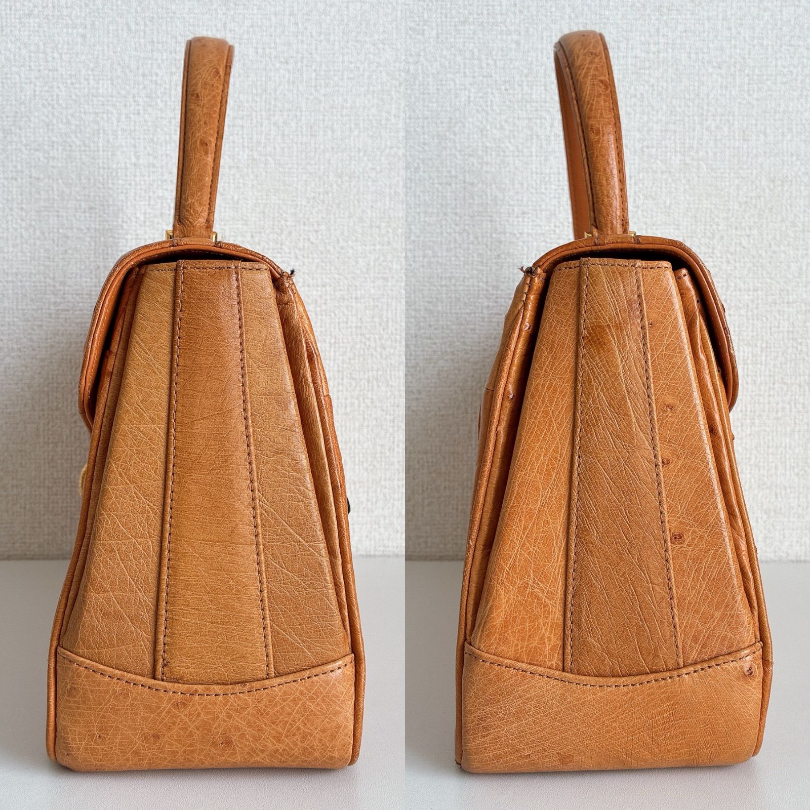 JRA認定】 オーストリッチ型押し キャメル 2way ハンドバッグ 312