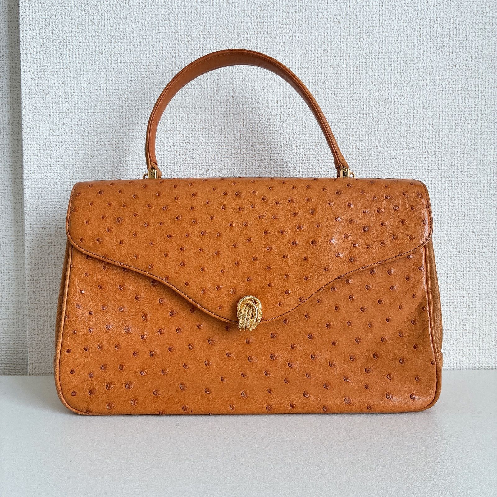 JRA認定】 オーストリッチ型押し キャメル 2way ハンドバッグ 312 