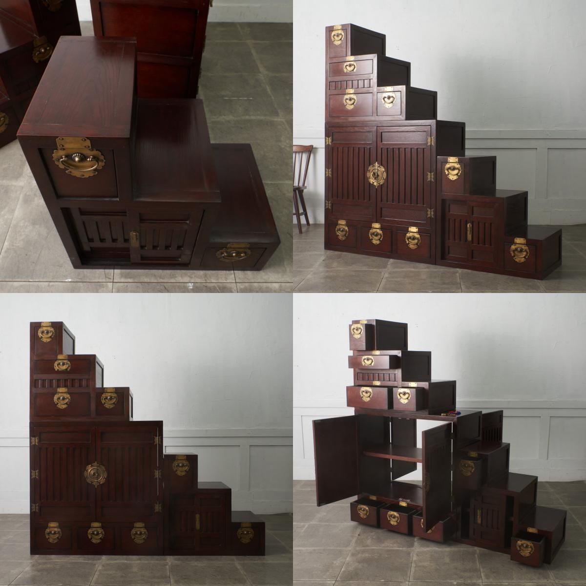 送料別】李朝家具 様式 欅 両面型 階段箪笥 ケヤキ 階段 チェスト 抽斗