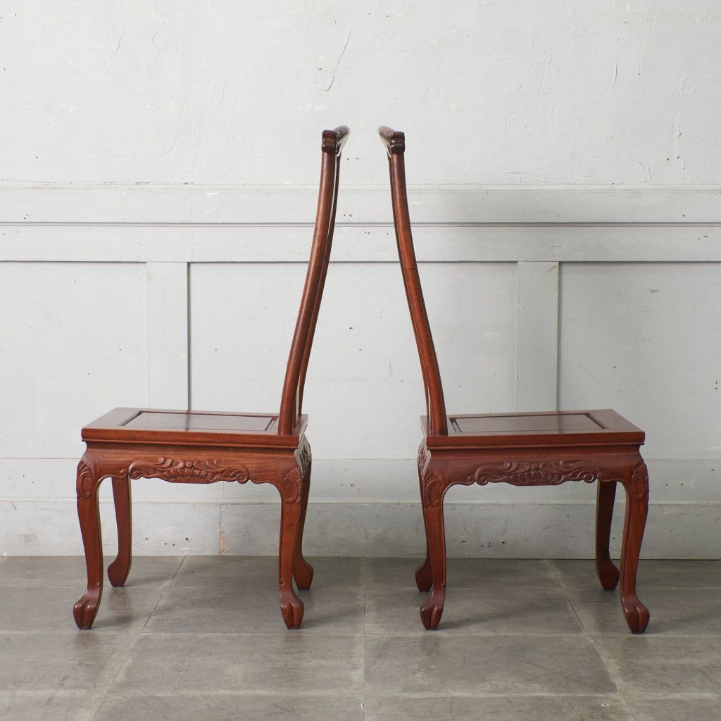 2脚セット 螺鈿細工 花梨 ダイニングチェア 中国美術 椅子 透かし彫り