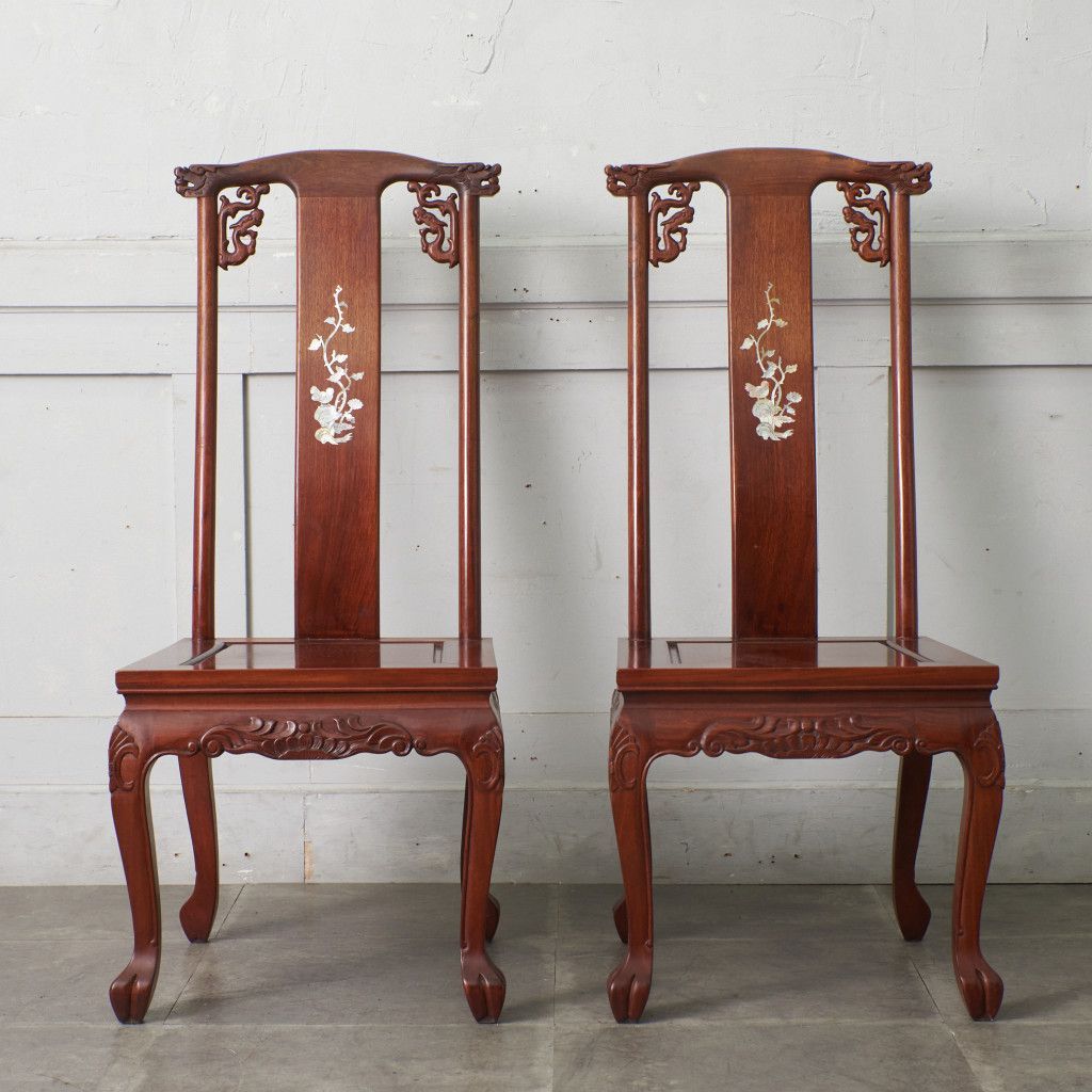2脚セット 螺鈿細工 花梨 ダイニングチェア 中国美術 椅子 透かし彫り