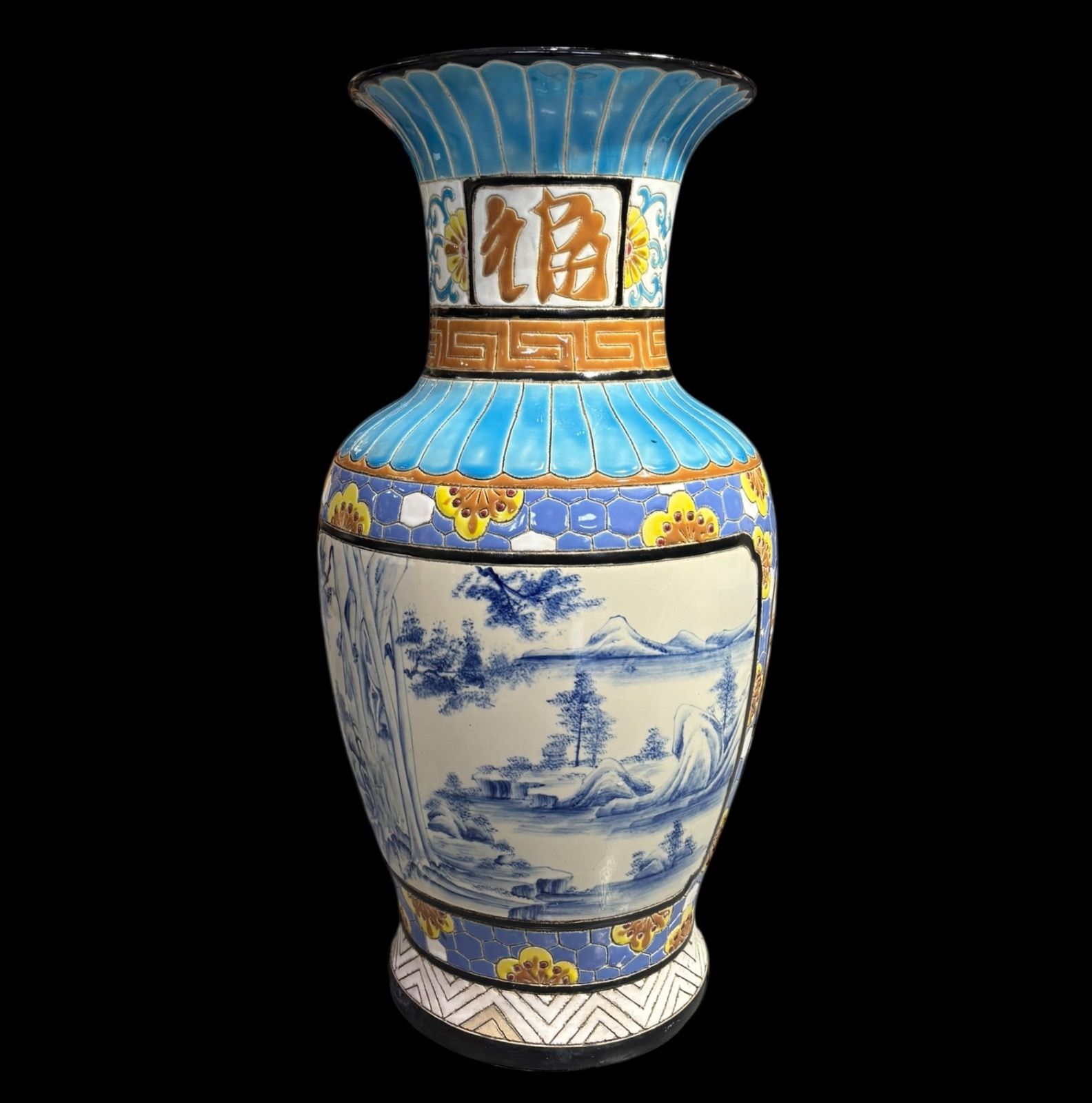 福 壺 染付 山水風景図 粉彩 色絵 中国風 吉祥文 大花瓶
