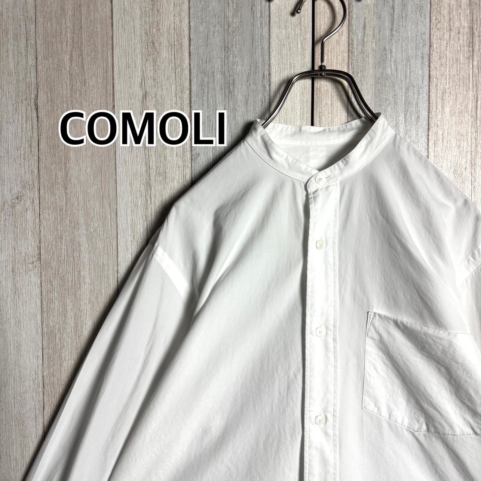 メンズ 日本製 COMOLI コモリ 長袖 バンドカラー シャツ ホワイト 1