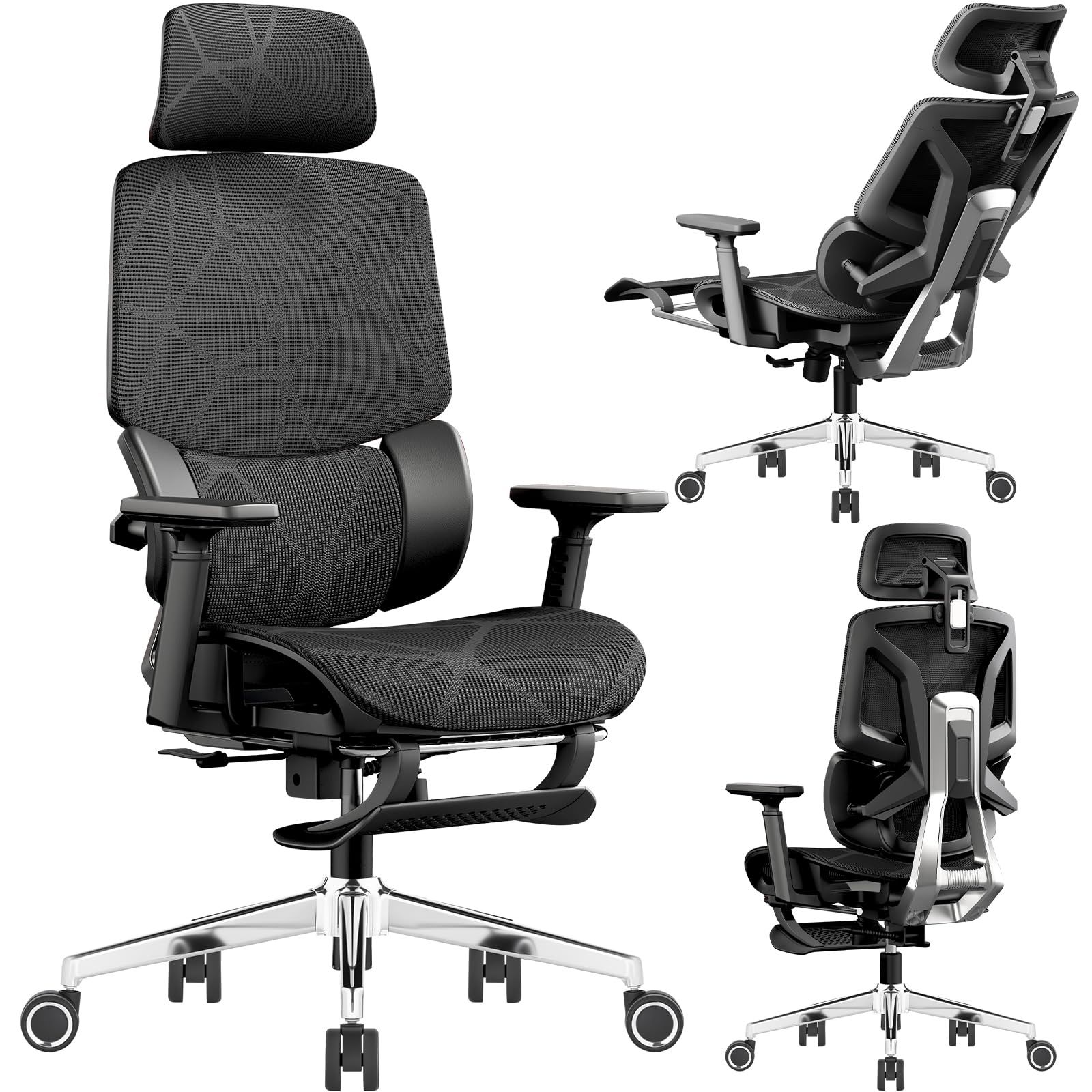 Goswave オフィスチェア 人間工学 椅子 疲れない デスクチェア ハイバック 3ゾーンランバーサポート搭載 座面スライド 3Dヘッドレスト 3Dアームレスト 背面3段階調節 リクライニング 通気性 メッシュ ブラック H-WY07 黒網 黒枠