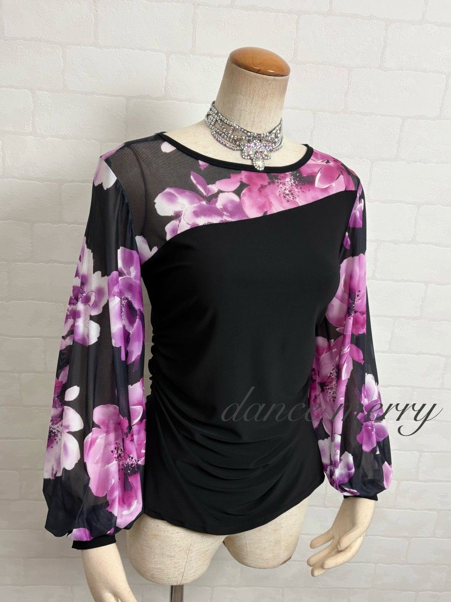 新品 社交ダンス 黒 紫 長袖 バルーン袖 トップス レッスン パーティ